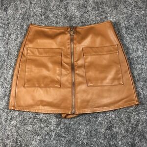 Haute Monde Skort Womens Medium Brown Faux Leather Mini High Rise Zip Pockets